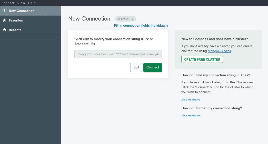 mongodb compass ubuntu: compass new connection